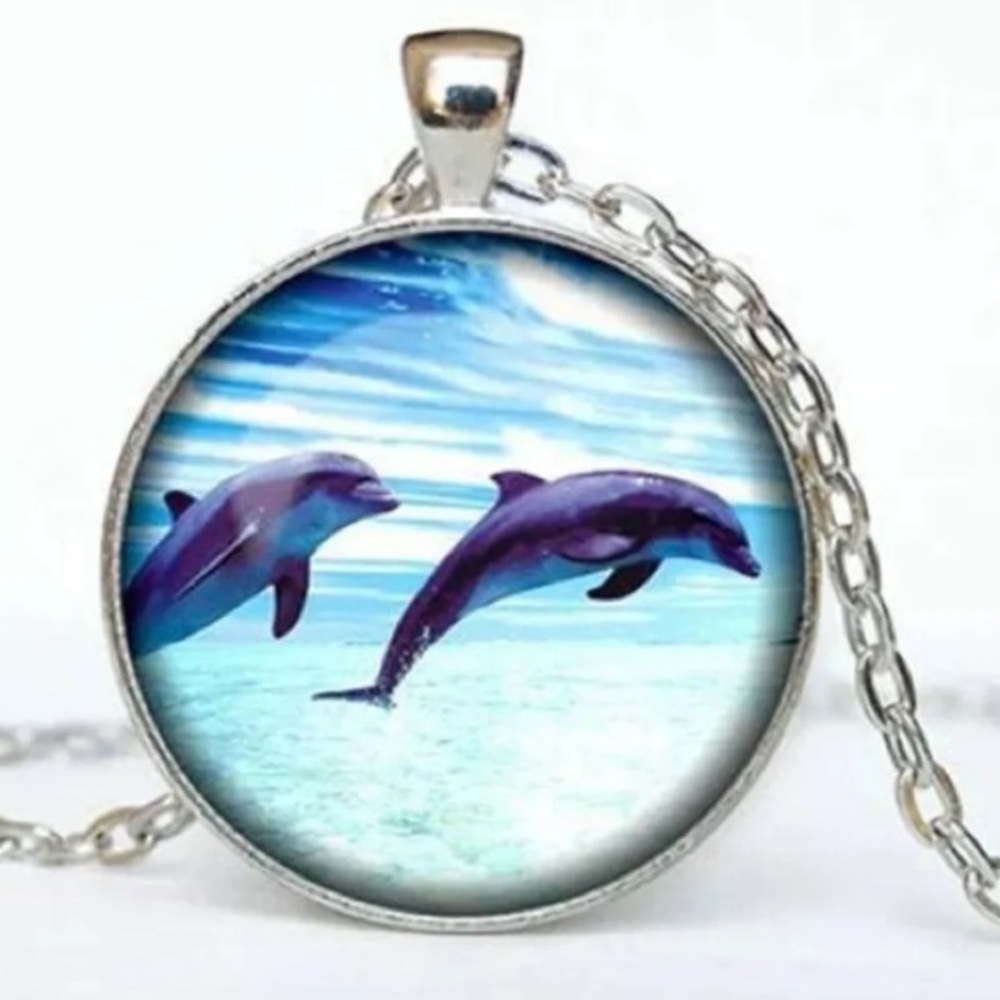 Dolphin Nautical Silver Cabochon Necklace